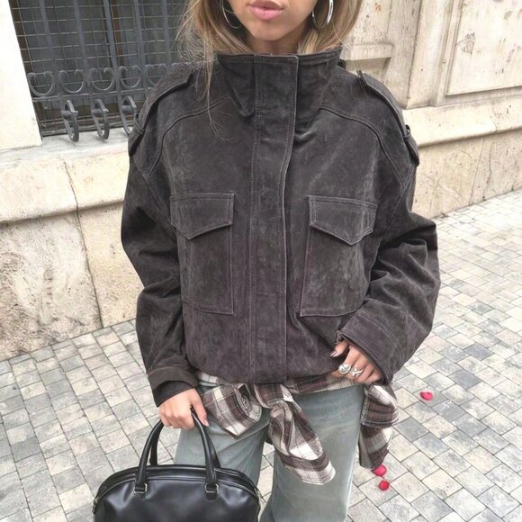 MODA ME COUTURE Jackets & Blazers - Dark Grey Casual Streetwear Women's Suede Bomber Jacket